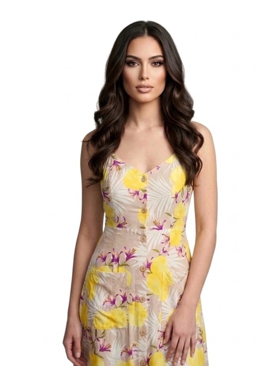 Dresses & Skirts - Lemon Floral Midi Linen Blend Dress
